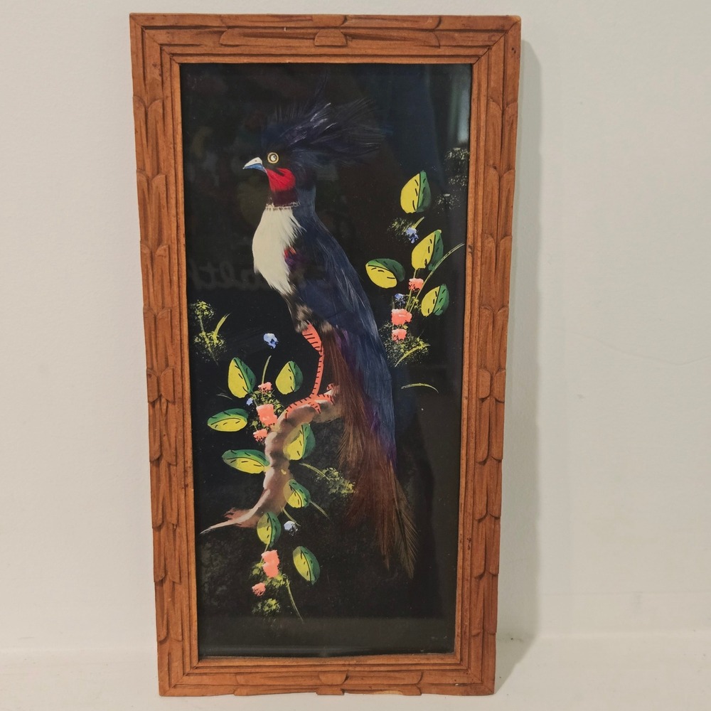 Vintage Mexican Feather Art Bird Carved Wood Frame 12x6. Colorful Folk Tropical